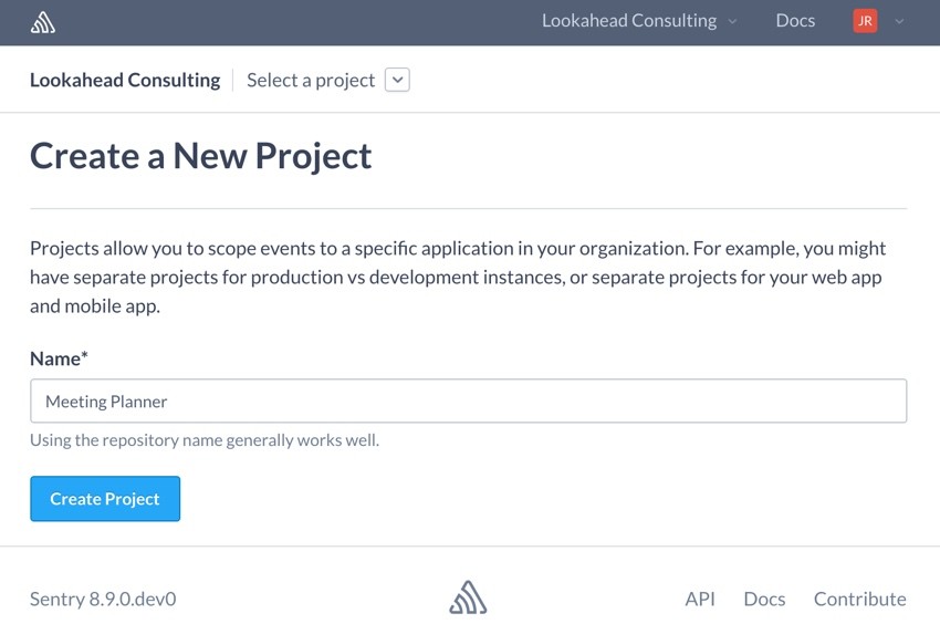 Building Startups Logging - Sentry Create a New Project Form