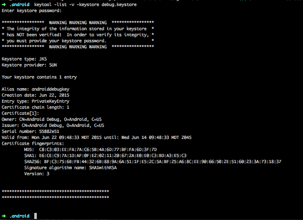 Screenshot of a terminal output when getting an SHA1 key from a keystore