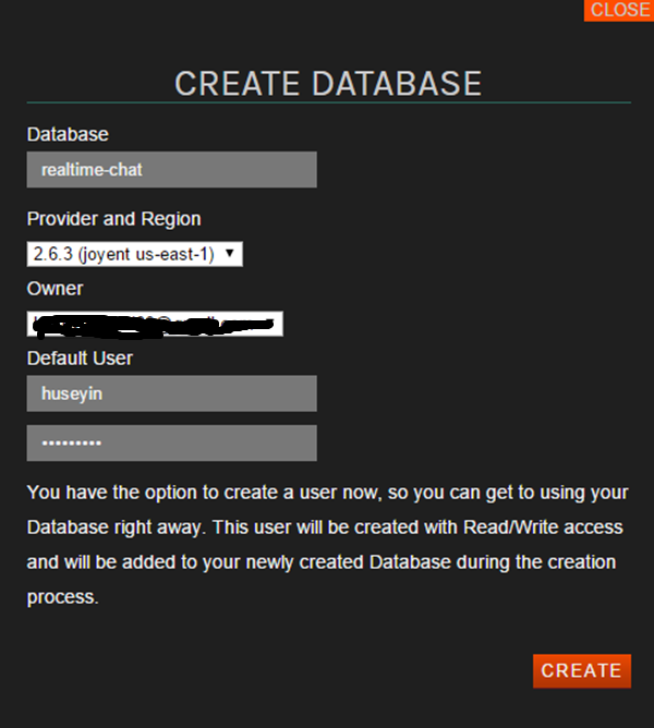 Fill in the required fields in the CREATE DATABASE popup form