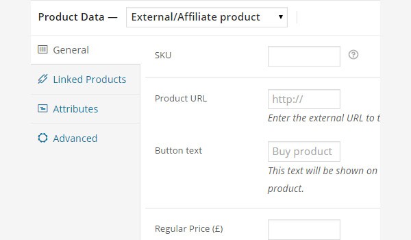 General tab settings for external or affiliate product