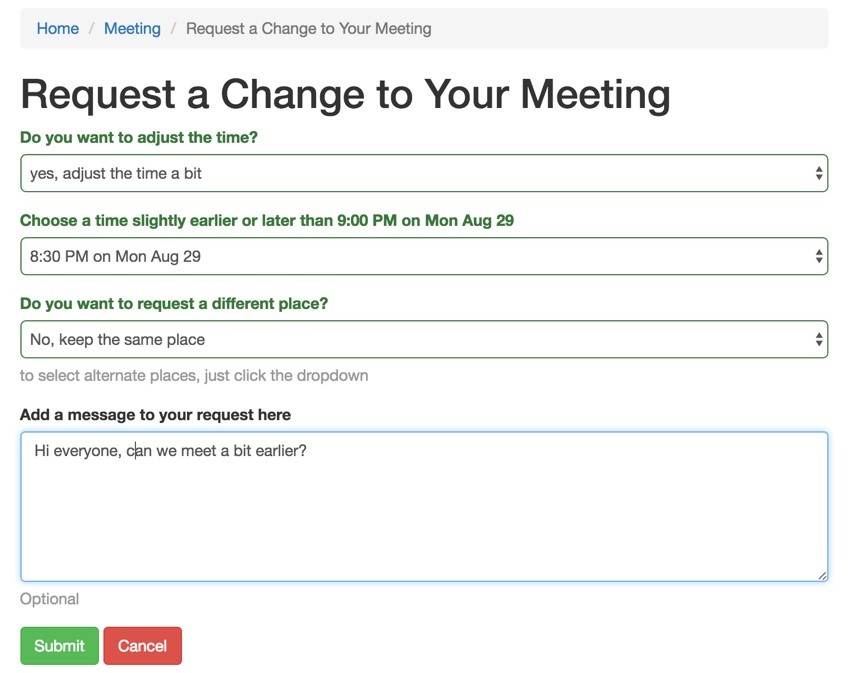 Startup Series Group Scheduling - Request a Change to Your Meeting