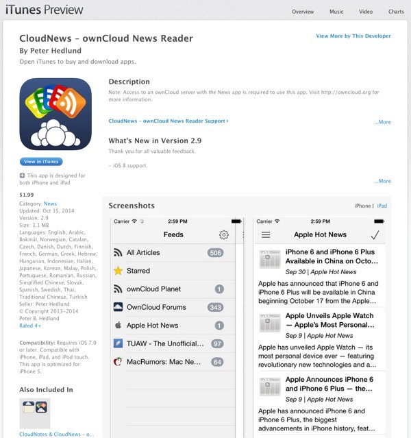 CloudNews iOS OwnCloud News Reader via iTunes