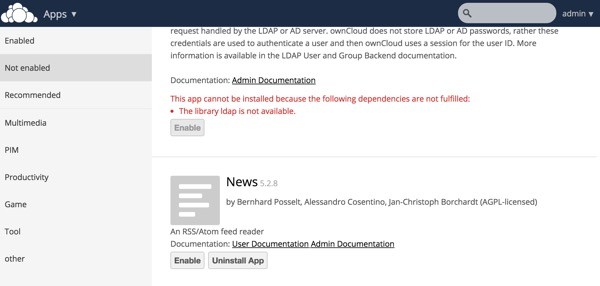 Enable the NewsApp in OwnCloud