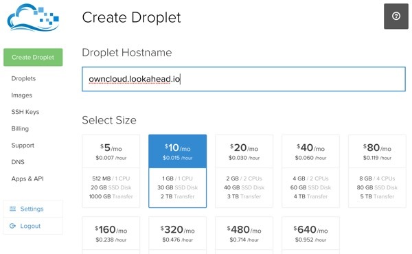 OwnCloud Create Droplet at Digital Ocean