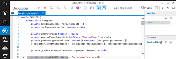 babylongamepadts in the IE11 F12 console showing TypeScript language