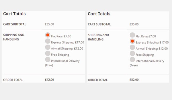 Shopping cart showing different shipping totals depending on shipping method