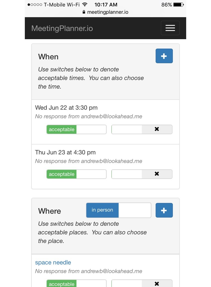 Meeting Planner Startup Series - The newer built for mobile responsive planning view