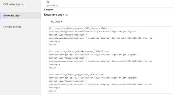 Google DFP Generate Tags for Document Body by Ad Unit