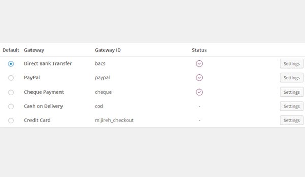 Payment gateways in WooCommerce settings