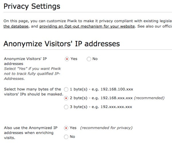 Piwik Anonymize IP Addresses