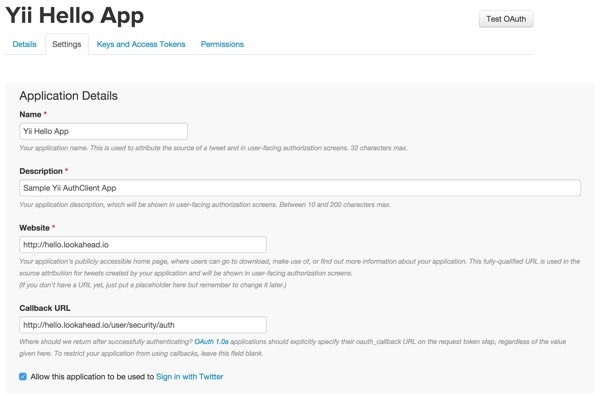 Twitter Apps App Settings Page