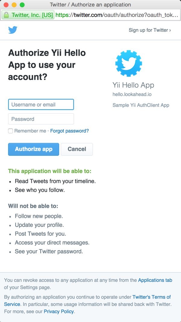 Twitter OAuth Sign In Page
