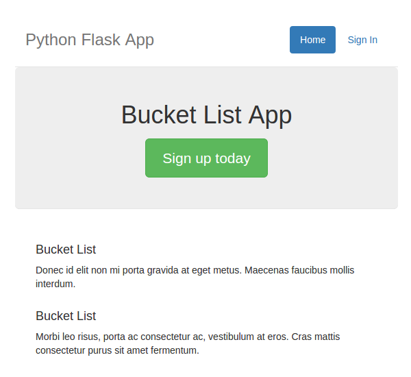 Bucket List App home page