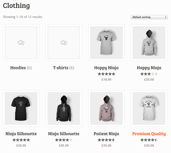 Clothing showing both subcategories and products