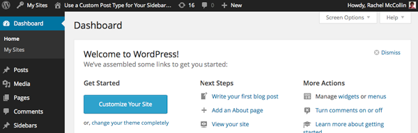 WordPress dashboard with Sidebars included in menu