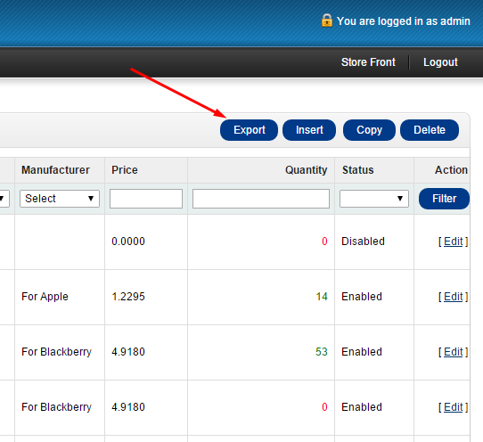Export button in the Admin Panel of the OpenCart store