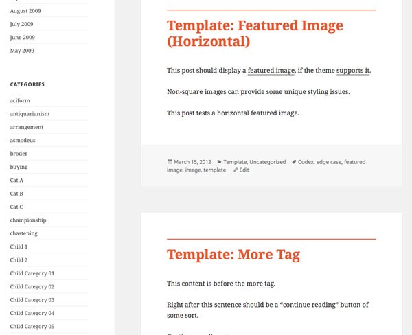 Template archive page with orange post titles and border
