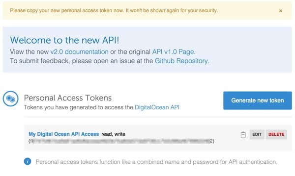 Digital Ocean API Your New Acces Token