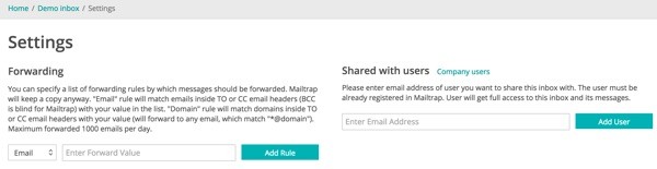 Mailtrap forwarding and shared users