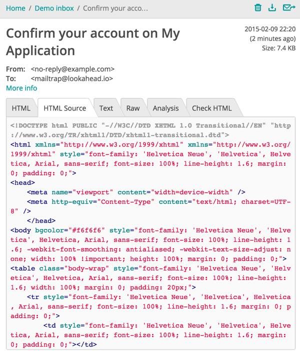 Mailtrap Message HTML source view