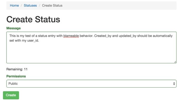 Our Create Status form awaiting implementation of Blameable Behavior