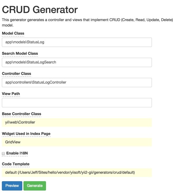 Gii Code Generator for Status Log CRUD Files