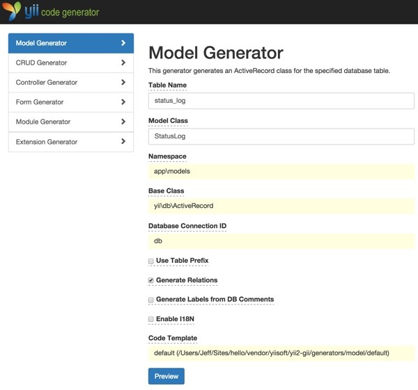 Gii Code Generator for Status Log Model