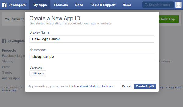 Form for creating a new app ID