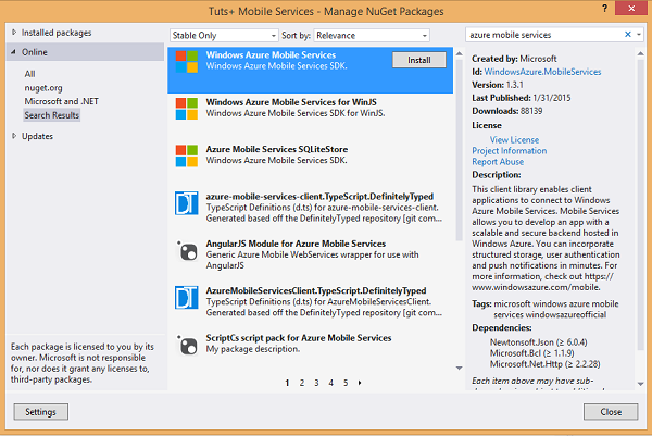 Add Windows Azure Mobile Services SDK to the app