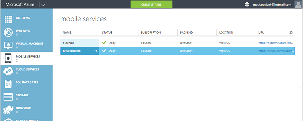 Select Mobile Service in Azure Management Portal