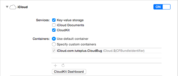 Enabling CloudKit for the CloudBug Target
