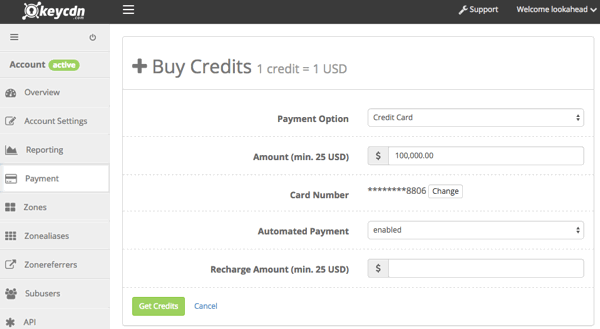 KeyCDN Buy Credits in Advance
