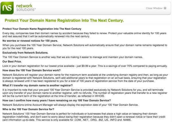  100 year Domain Renewals from network solutions
