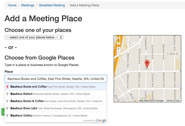 Add a Meeting Place from Your Places or via Google Places Autocomplete