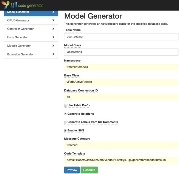 Yii Code Generator Gii with Model UserSetting