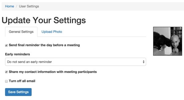 Meeting Planner Update Your Settings with Tabs and Profile Image