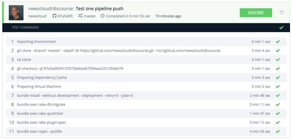 Codeship Single Pipeline Finishes in Ten Minutes