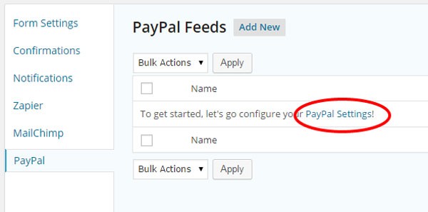PayPal Feed Settings for Gravity Forms