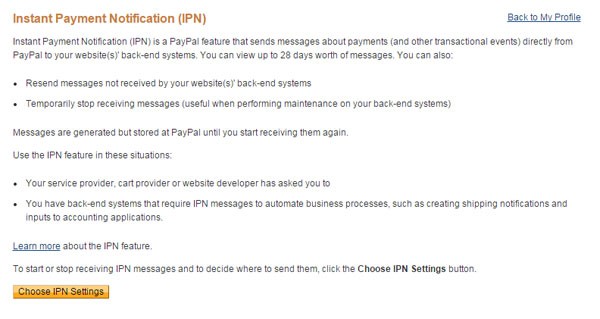 PayPal IPN Settings page