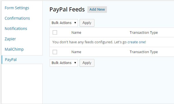 PayPal Feeds setup for Gravity Forms