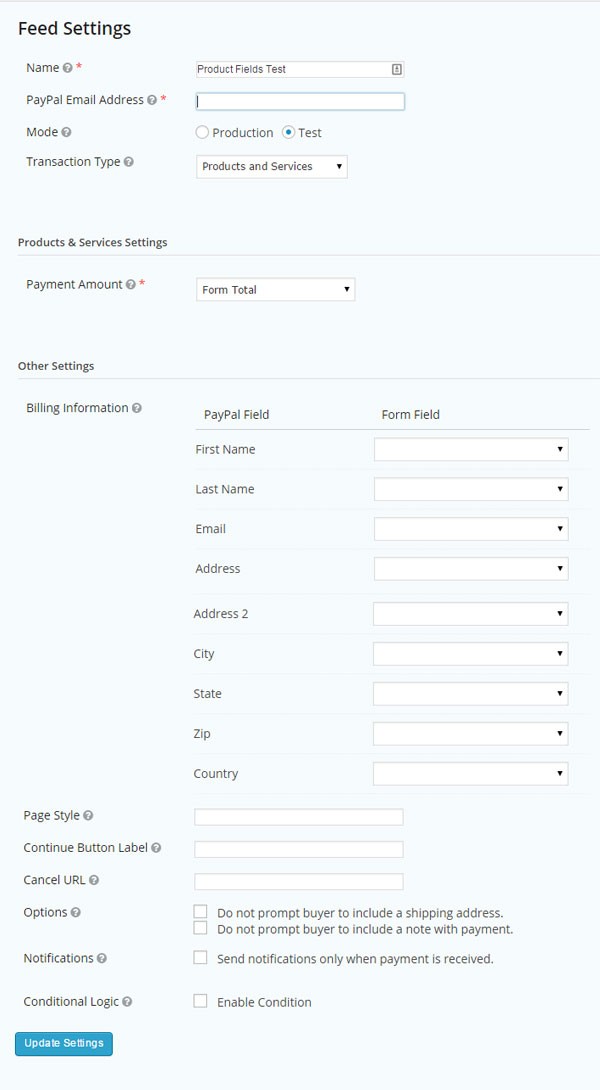PayPal Feed settings for Gravity Forms
