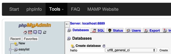 MAMP PHPMyAdmin Create Database