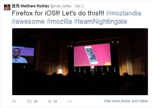 Tweet by Matthew Ruttley Firefox for iOS Lets do this
