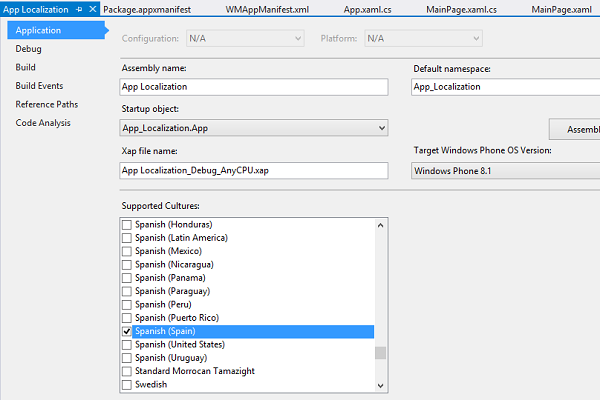 Select the target languages in the Supported Cultures box