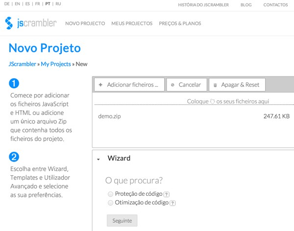 JScrambler Localized interface in six languages - eg Portuguese