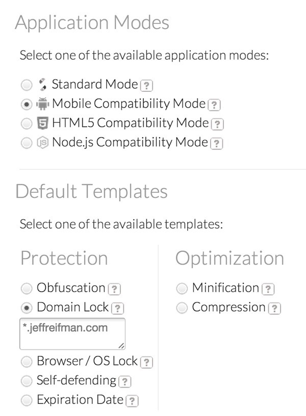 JScrambler Application Modes and Protection Templates