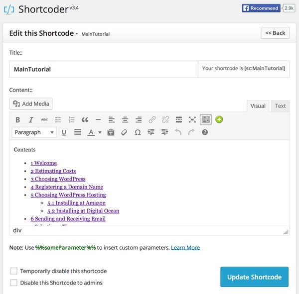 The Shortcoder editor - editing my Table of Contents shortcode