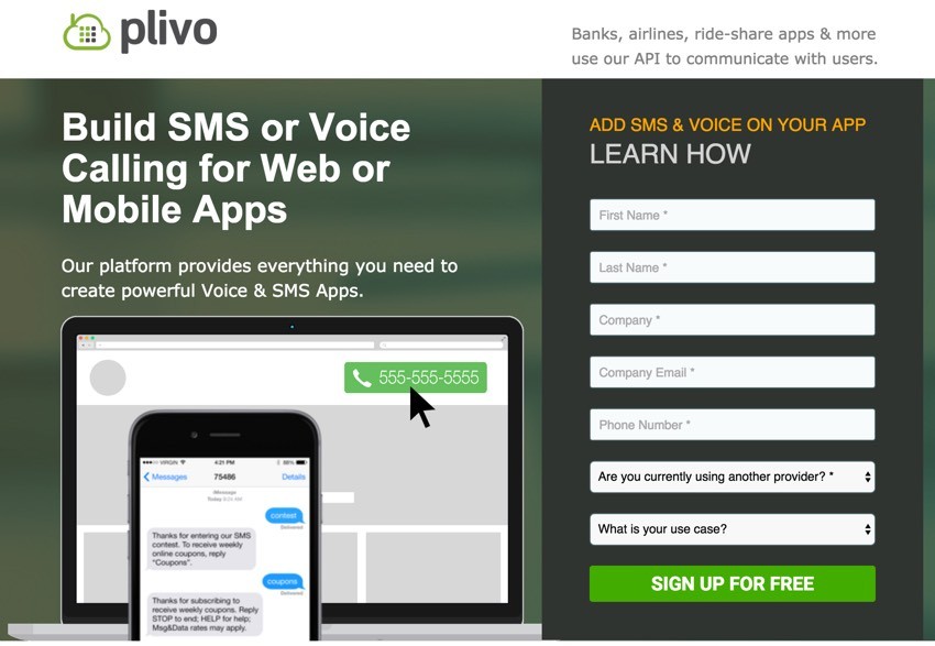 Building Startups Text and SMS - Plivo Home Page