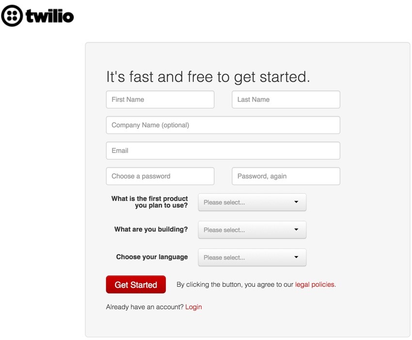Building Startups Text and SMS - Twilio Sign Up