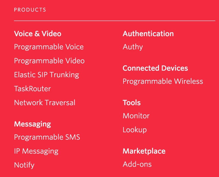 Building Startups Text and SMS - Twilio Product Offering Menu